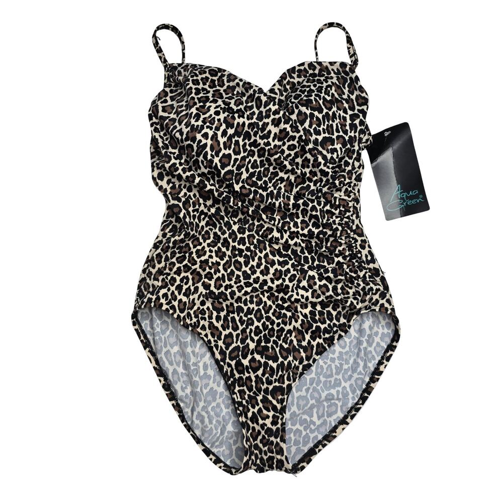 Aqua Green Leopard Print One Piece Swimsuit Ruched Molded Cups Medium NWT - Picture 8 of 10